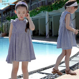 韩国品牌中小女童公主群可爱小方格子飞袖中童夏装女童裙清新韩版