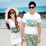 海边蜜月度假韩国沙滩情侣装夏装男T恤韩国沙滩连衣裙修身显瘦女