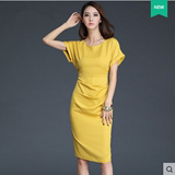 罗衣原创2016夏装新款连肩袖修身包臀袖知性中长裙黄色连衣裙8548