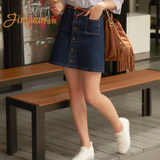金苑2016韩版女装秋装新款牛仔裙短裙单排扣贴袋A字半身裙B63109