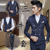 英伦时尚潮流韩版休闲男士条纹小西装礼服三件套装修身型西服外套