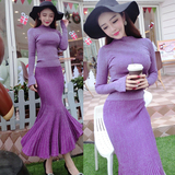 2015秋冬新款明星同款紫色包臀Dress连衣裙鱼尾裙针织气质长裙