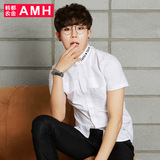 AMH男装韩版2016夏装新款刺绣字母纯色修身短袖衬衫男NX5427恊