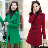 香港IT代购韩国SZ2015冬装新款外套修身大翻领中长款羊毛呢大衣女