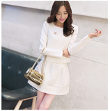 春季新款韩版女装雪纺针织连衣裙两件套装纯色短裙子长袖a字裙潮
