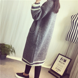 韩国东大门2015冬季新款烟灰色超长款加厚毛衣外套女宽松针织开衫