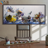 六派原创新中式荷花花鸟抽象油画客厅装饰画卧室简约挂画餐厅壁画