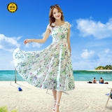 夏天雪纺印花长裙海边度假必备 沙滩裙蕾丝拼接短袖甜美连衣裙仙
