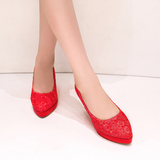 2016新款韩版大红色网纱蕾丝高跟坡跟新娘鞋尖头婚鞋伴娘鞋礼服鞋