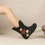女鞋布布短筒绣花靴布缝制鞋平跟H40布平跟黑色青年套筒花朵靴子