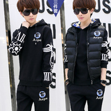 秋冬季青少年套头加绒卫衣套装马甲学生韩版男士休闲外套潮三件套