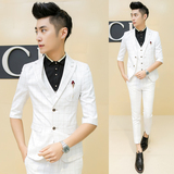 夏季新款韩版修身白色格子7分袖西服套装 本色型男2016