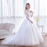 名门新娘一字肩婚纱礼服 新娘韩式性感蕾丝长袖婚纱显瘦欧美2668
