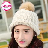 韩版时尚复古毛线帽子 女 冬天韩国纯色兔毛球球保暖护耳针织帽