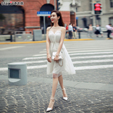 2016夏季女装新款韩版中长款无袖网纱裙子修身性感露肩抹胸连衣裙