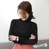 2015秋冬新 韩国代购女正品微透视高领螺纹紧身打底衫长袖天丝T恤