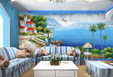 手绘地中海风景大型壁画 餐厅客厅电视沙发背景墙纸 欧式油画壁纸