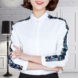 俞孜贝妮衬衫女长袖2016春装韩版大码女装气质显瘦雪纺镶钻打底衫