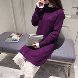 2016秋冬装新款韩版蕾丝拼接针织两件套连衣裙套装中长款毛衣裙女
