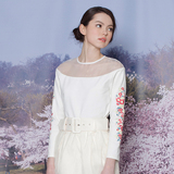 伦敦設計品牌【Evian Vintage】春夏季复古欧根纱绣花圆领上衣
