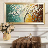 客厅横幅发财树油画手绘欧式挂画单幅厚油装饰画简约现代抽象刀画