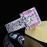18k红宝石戒指 白金镂空花纹彩钻粉钻戒指环 女士结婚戒指