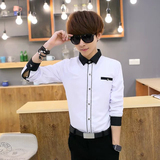 男士韩版修身长袖衬衫青少年潮流西服打底白色衬衫衬衣男青春流行