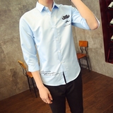 夏季男士七分袖衬衫韩版修身青少年短袖纯色衬衣学生中袖纯棉寸衫