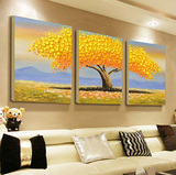 现代简约发财树油画三联画沙发背景墙装饰画无框壁画客厅挂画饭厅