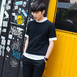 2016夏季韩版男士衬衫领短袖T恤 青少年日系立领假两件拼接半袖潮