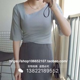 韩国T*不规则薄款百搭斜领开叉中袖纯色时尚修身显瘦T恤女