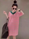 欧洲站2016韩版正版女半袖条纹大码宽松冰织面料女长T恤