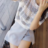 小番茄定制 女装夏季韩版短袖条纹镂空上衣时尚裙裤套装两件套