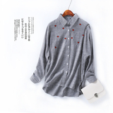 CX1552西朵家红色心形刺绣 秋季韩版休闲竖条纹女士宽松长袖衬衫
