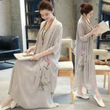 夏季中国风复古棉麻连衣裙中长款宽松大码女装A型印花裙假两件套