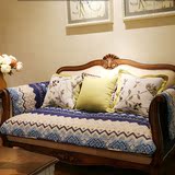 高档蓝色条纹绗缝防滑沙发坐垫沙发巾沙发套东南亚地中海风复古棉