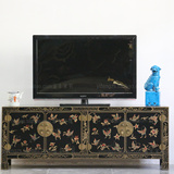现代新中式整装电视柜实木彩绘矮柜手绘复古典黑色客厅卧室玄关柜