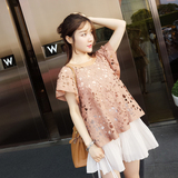 2016夏装新款韩版女装时尚女士上衣宽松短袖两件套镂空蕾丝衫短款