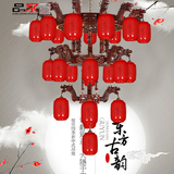 中式实木大吊灯景德镇镂空瓷中国红色灯罩三层陶瓷大吊灯客厅灯具