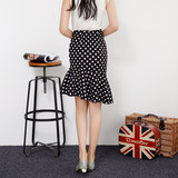 2016年韩版新款波点包臀裙不规则荷叶边裙鱼尾裙圆点中长半身裙潮