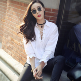 长袖衬衫女装2016秋装新款韩版职业宽松性感系带打底棉质白色衬衣