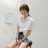 2016新装韩国夏季女款棉绸短袖女式上衣中长款宽松立领白衬衫女