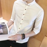 夏季男士七分袖衬衫男韩版潮修身纯色短袖男装白色衬衣男中袖寸衫