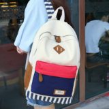 韩国大容量新款女大包外贸拼接撞色帆布双肩包原宿中学生书包背包