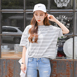 韩国夏季新款横条纹半袖韩版短袖T恤女宽松学生半截五分中袖上衣