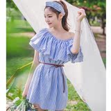 韩国2016夏季新款韩版宽松露肩一字领条纹衬衫连衣裙显瘦A字短裙