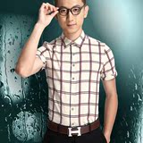 【天天特价】男装韩版商务休闲短袖衬衫纯棉格子修身男士青年衬衣