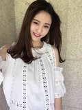 2016韩白色镂空一字领露肩上衣女夏仙女短袖沙滩度假蕾丝娃娃衫