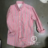 正品韩国东大门男装代购 竖条纹水洗棉布料长袖衬衣 深蓝色粉色