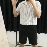 【JM】夏季新品 复古风 文艺摩登条纹 日系宽松短袖韩版衬衫男女